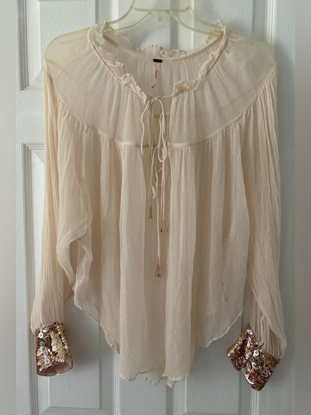 Free People Cream Peasant Blouse with Sequin Cuffs